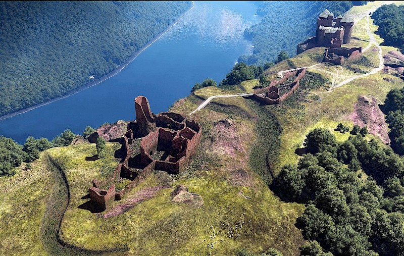 Rekonstruktion Saarschleife um 1500 mit Alt- und Neu-Montclair FOTO: Historisches Museum Saar, Mikko Kriek, in Zusammenarbeit mit Joachim Zeune, Marc Engel, Detlef Schmidt, Simon Matzerath